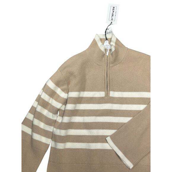 For the Republic Sweater Women M NWT Khaki Ivory Mock Neck 1/4 Zip Pullover - Picture 2 of 7
